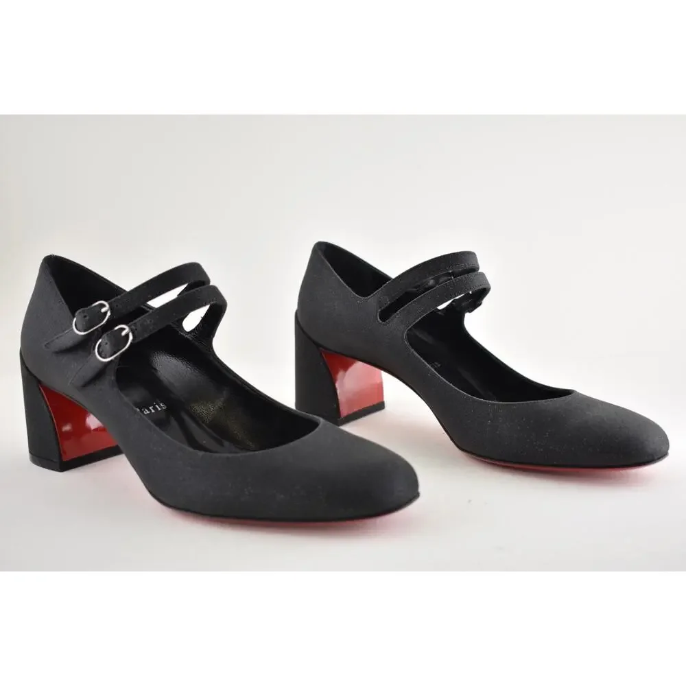 Christian Louboutin Miss Jane 55 Black Glitter Mary Jane Block Heel Pump 37.5